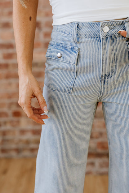 Sky Blue Pinstripe Wide Leg Jeans with Button Flap Pockets