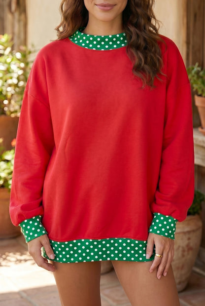 Red Polka Dot Trim Oversized Colorblock Sweatshirt
