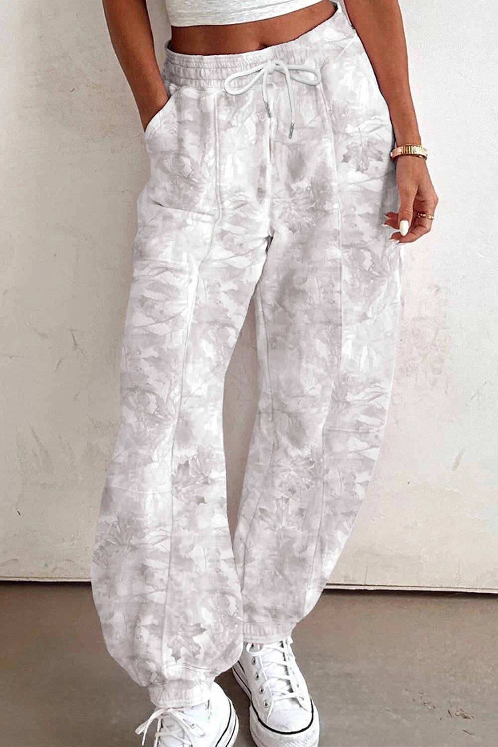 Beige Camo Print Drawstring Baggy Jogger Pants