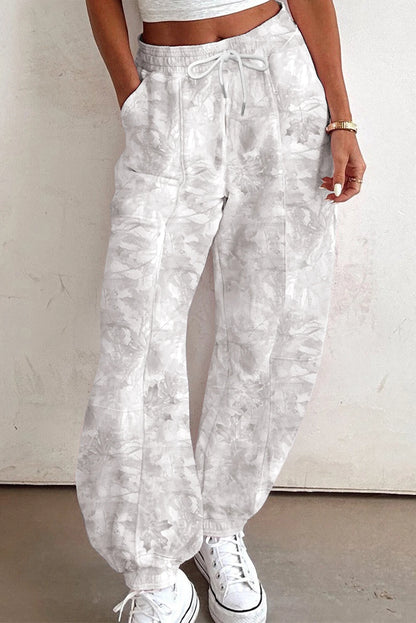 Beige Camo Print Drawstring Baggy Jogger Pants