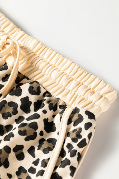 Brown Leopard Print Contrast Trim Long Sleeve Pullover Drawstring Shorts 2pcs Outfit