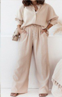 Women's Casual Two Piece Set Button Shirt Wide Leg Pants