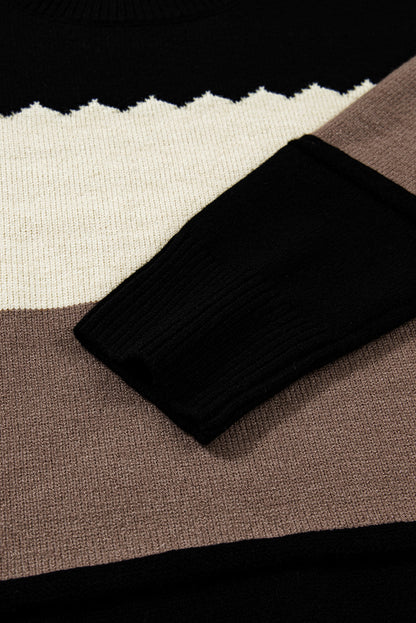 Black Beige Brown Colorblock Drop Shoulder Knit Sweater