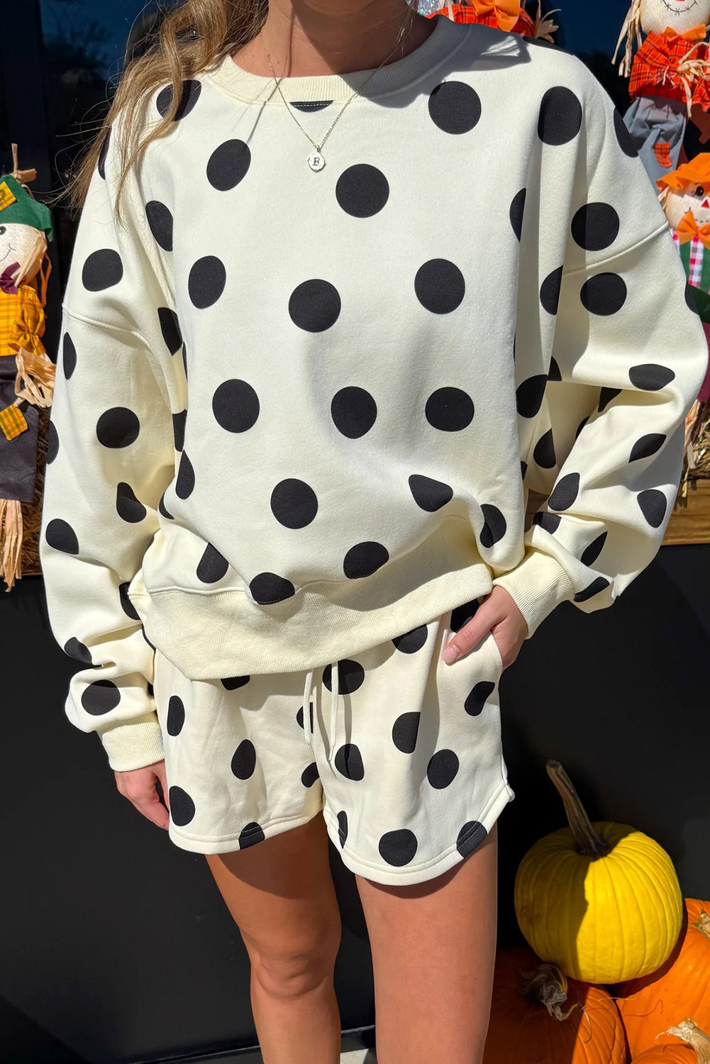 Pink Polka Dot Drop Shoulder Pullover Shorts Set
