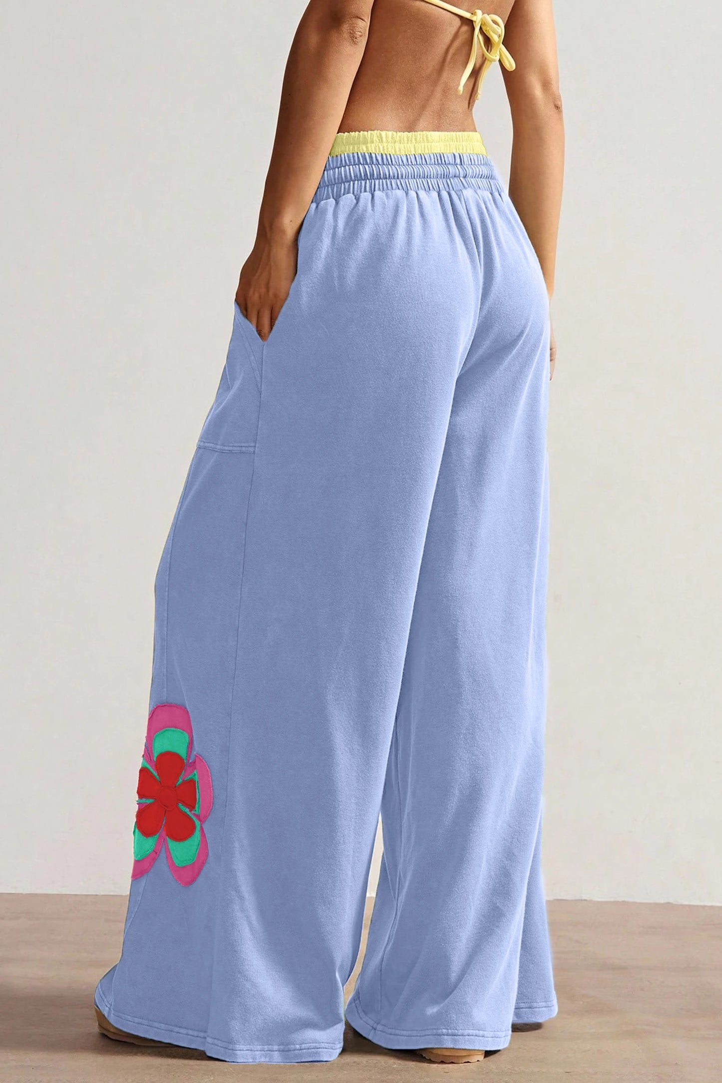 Color Block Floral Patch Wide Leg Pants Drawstring Waist