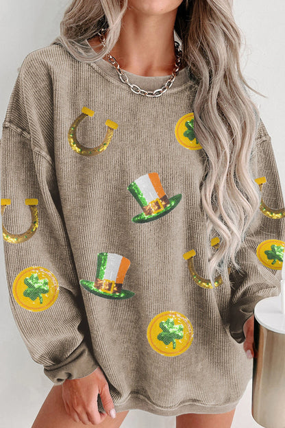 Khaki Sequin Lucky Graphic Corded Ribbed Sweatshirt