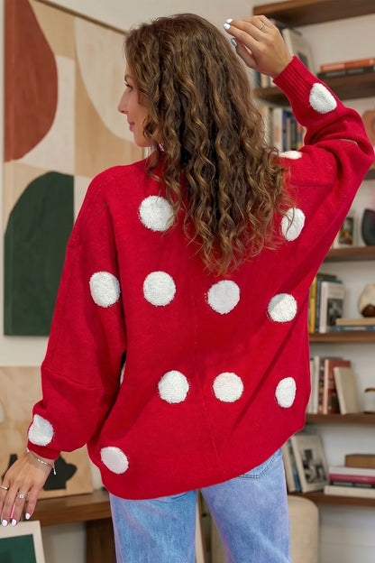 Polka Dot Oversized V Neck Knit Cardigan Sweater