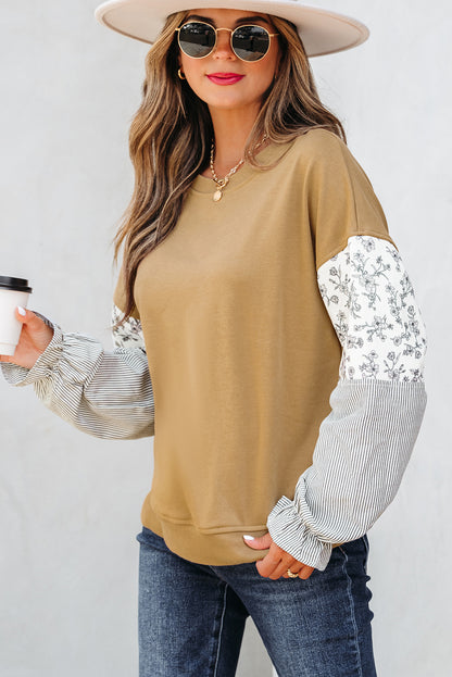 Camel Patchwork Floral Striped Ruffle Sleeve Sweatshirt