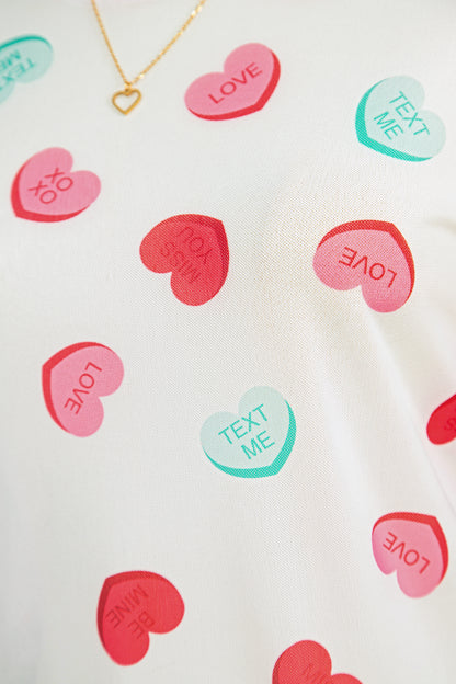 White Sheer Mesh Slogan Heart Printed Long Sleeve Top