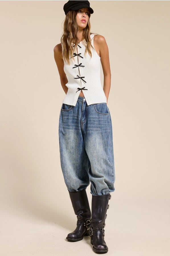 Bow Front Ribbed Knit Sleeveless Tank Top Coquette