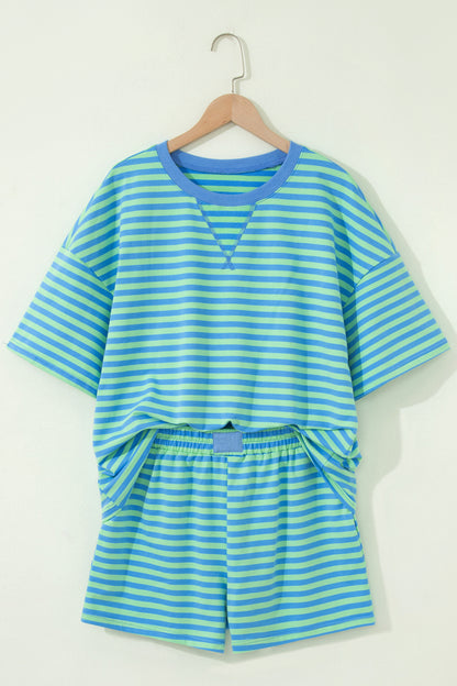 Green Striped Cotton Shorts Set Lounge Outfit