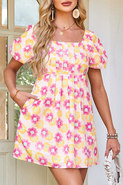 Rose Floral Square Neck Puff Sleeve Babydoll Mini Dress