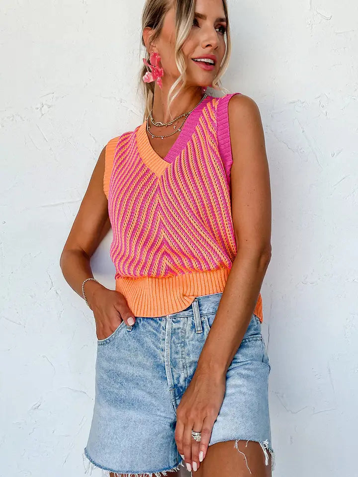 Color Block Chevron Knit Sweater Vest V Neck Top