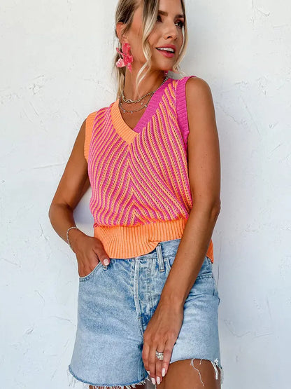 Color Block Chevron Knit Sweater Vest V Neck Top