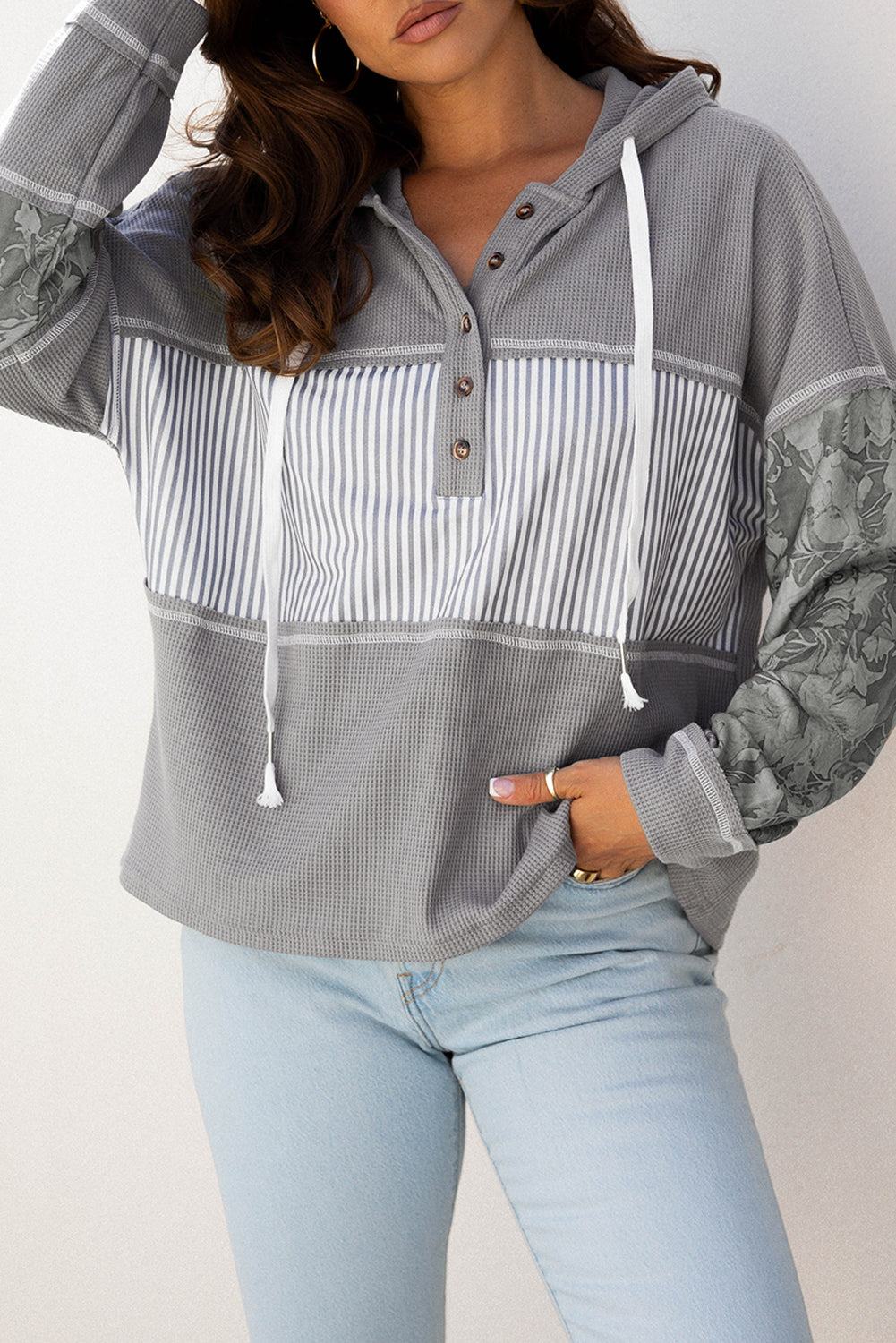 Cinnamon Waffle Printed Patchwork Drawstring Hooded Long Sleeve Top