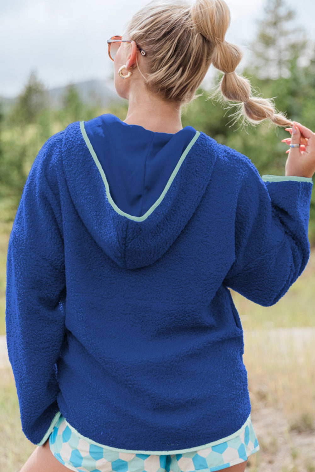 Cozy Sherpa Half Zip Pullover Hoodie with Contrast Trim