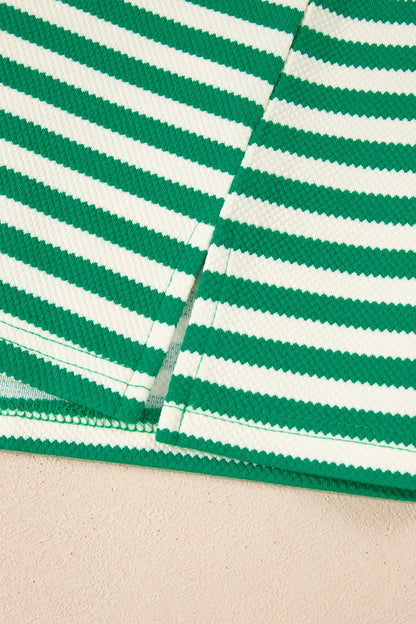 Green Stripe Puff Short Sleeve Patchwork V Neck Blouse