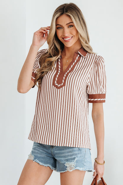Khaki Striped Split Neck Puff Sleeve Blouse Top