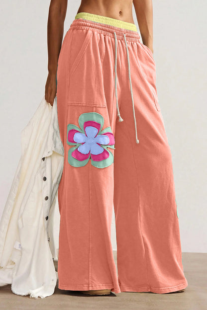 Color Block Floral Patch Wide Leg Pants Drawstring Waist