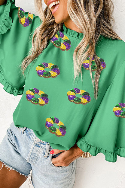 Green Mardi Gras Sequin Beads Ruffle Bell Sleeve Blouse