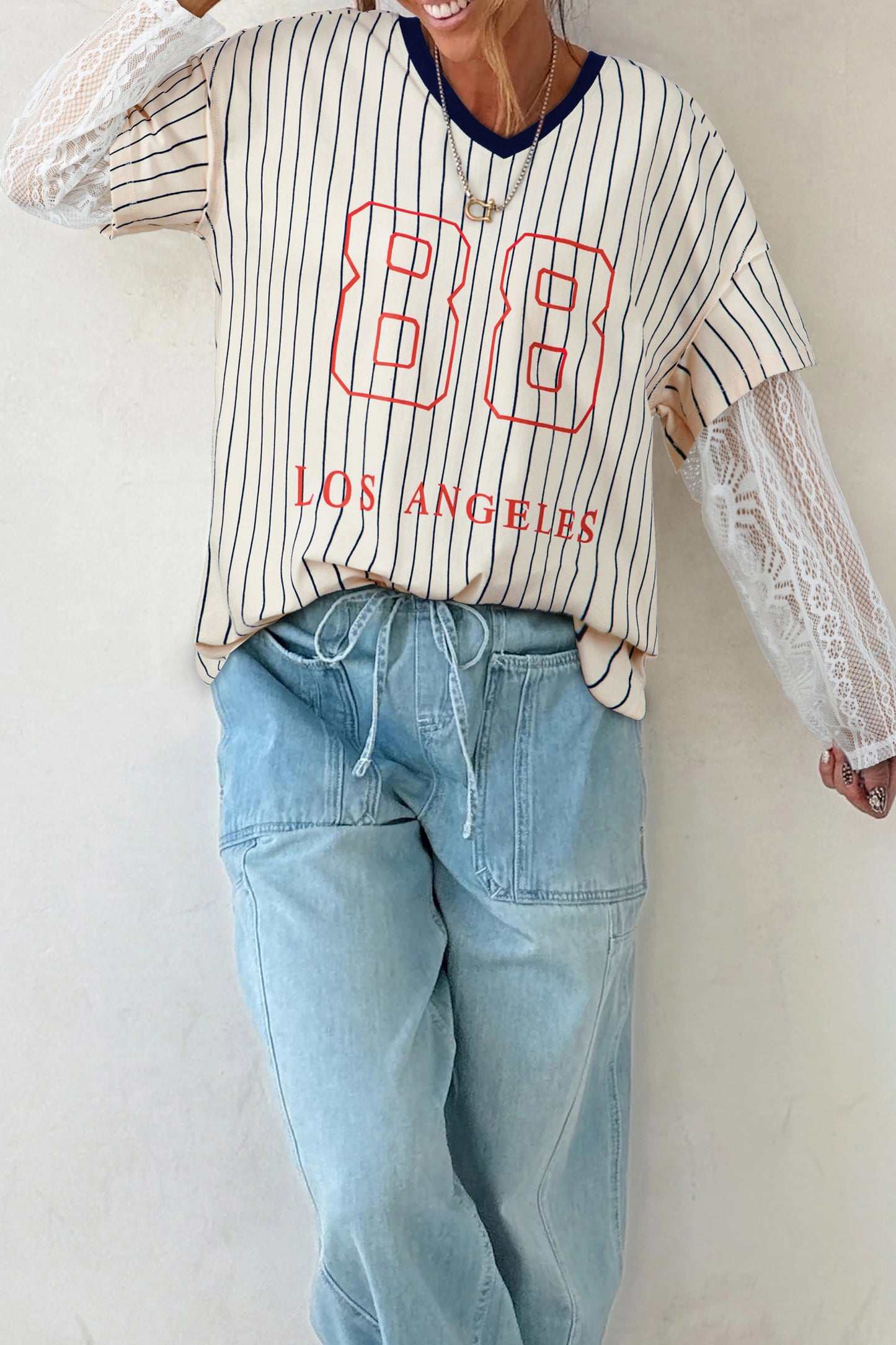 Striped 88 Graphic Lace Sleeve V Neck Faux Layered Top