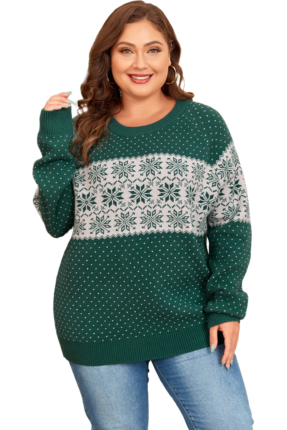 Green Christmas Snowflake Pattern Drop Shoulder Plus Size Sweater