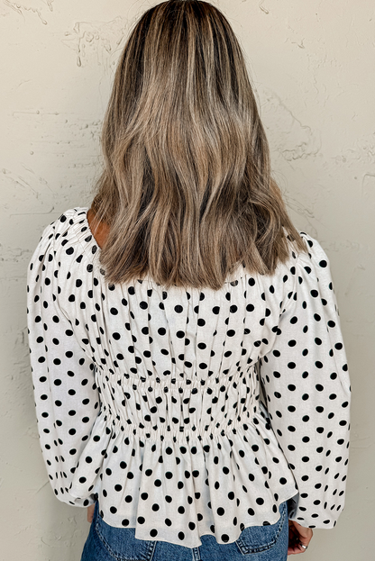 Polka Dot Puff Sleeve Bow Square Neck Peplum Top