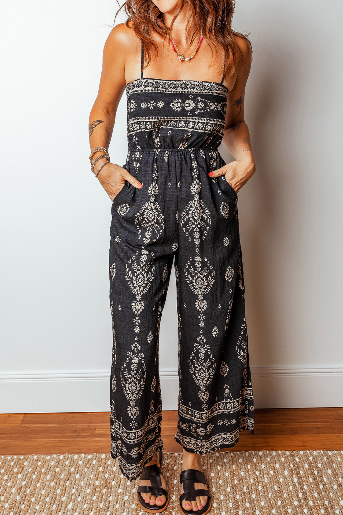 Black Boho Print Spaghetti Strap Wide Leg Jumpsuit