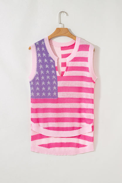 Pink USA Flag Stripe Notched Neck Sweater Vest