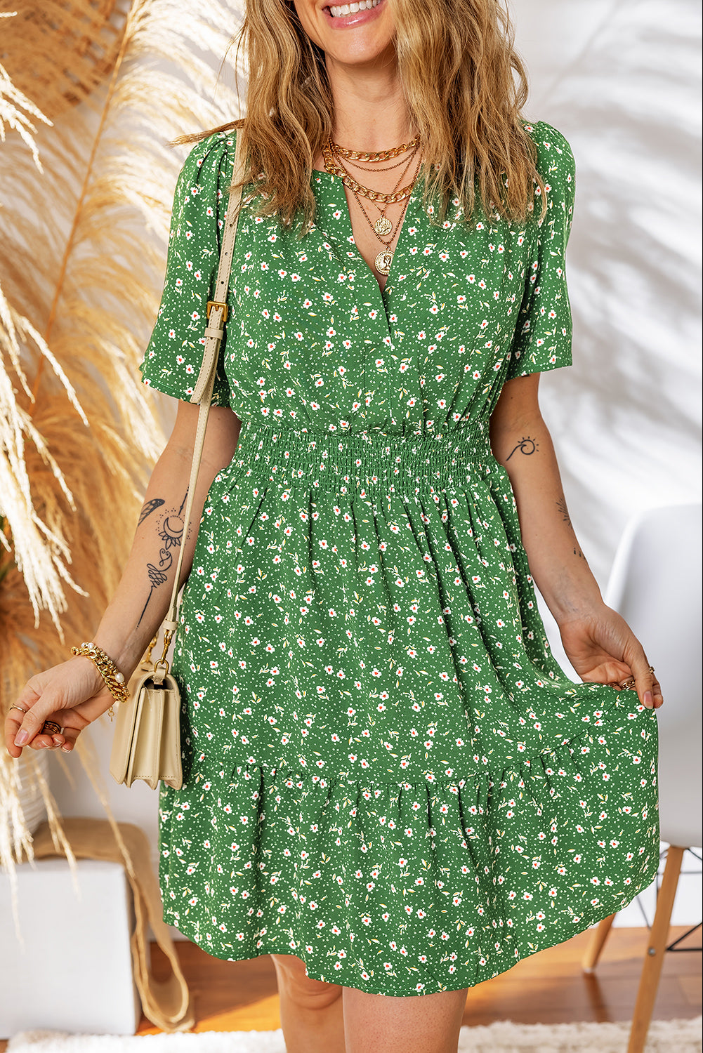 Boho Floral V Neck Smocked Waist Mini Dress