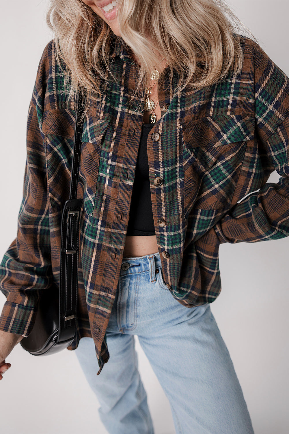 Brown Plaid Button-Down Shacket with Chest Pockets