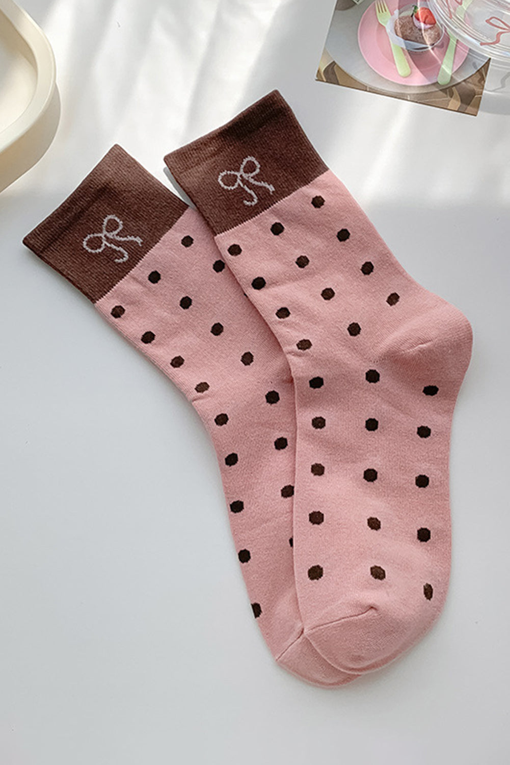 Polka Dot Bow Crew Socks Soft Cute Contrast Block