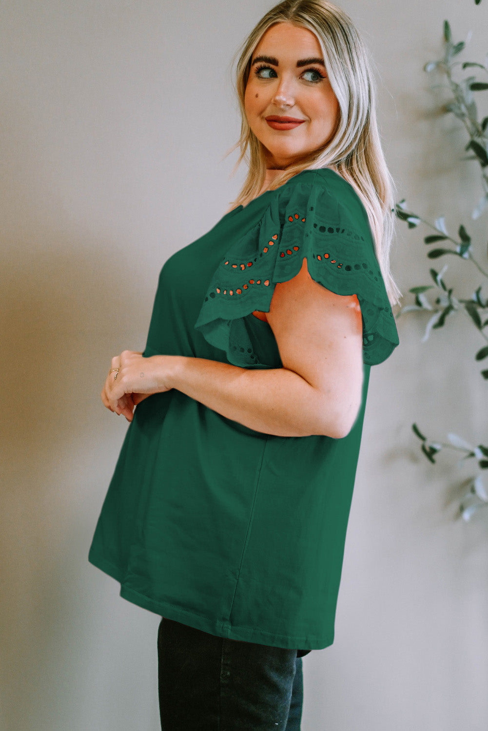 Green Plus Size Flutter Sleeve Top