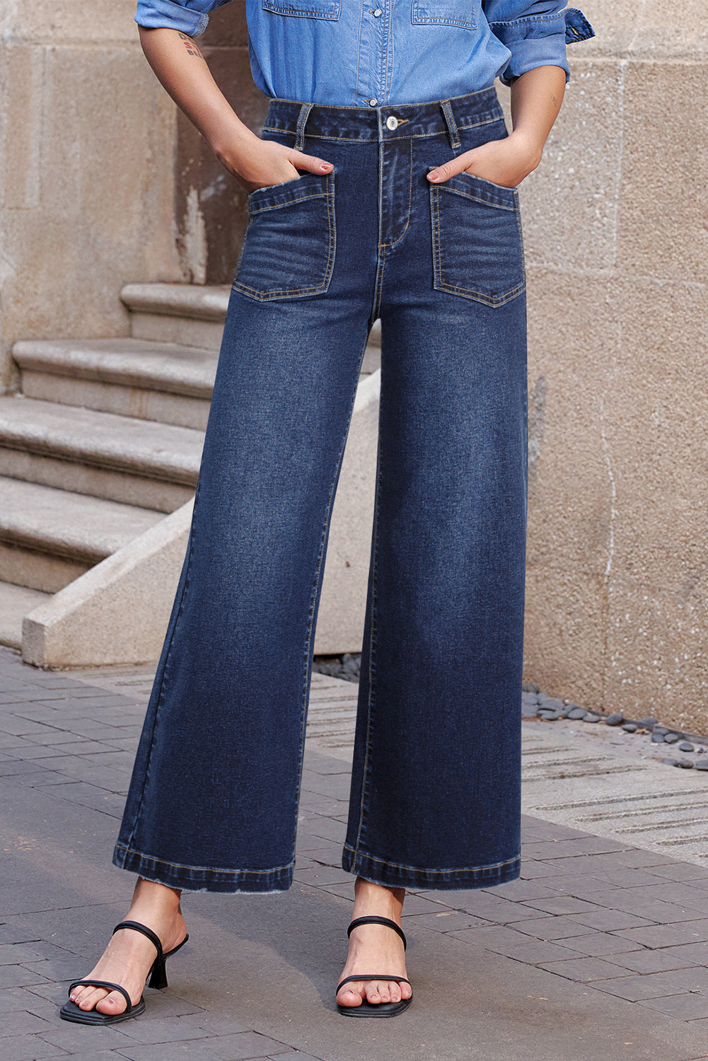 High Waist Wide Leg Denim Jeans with Front Patch Pockets