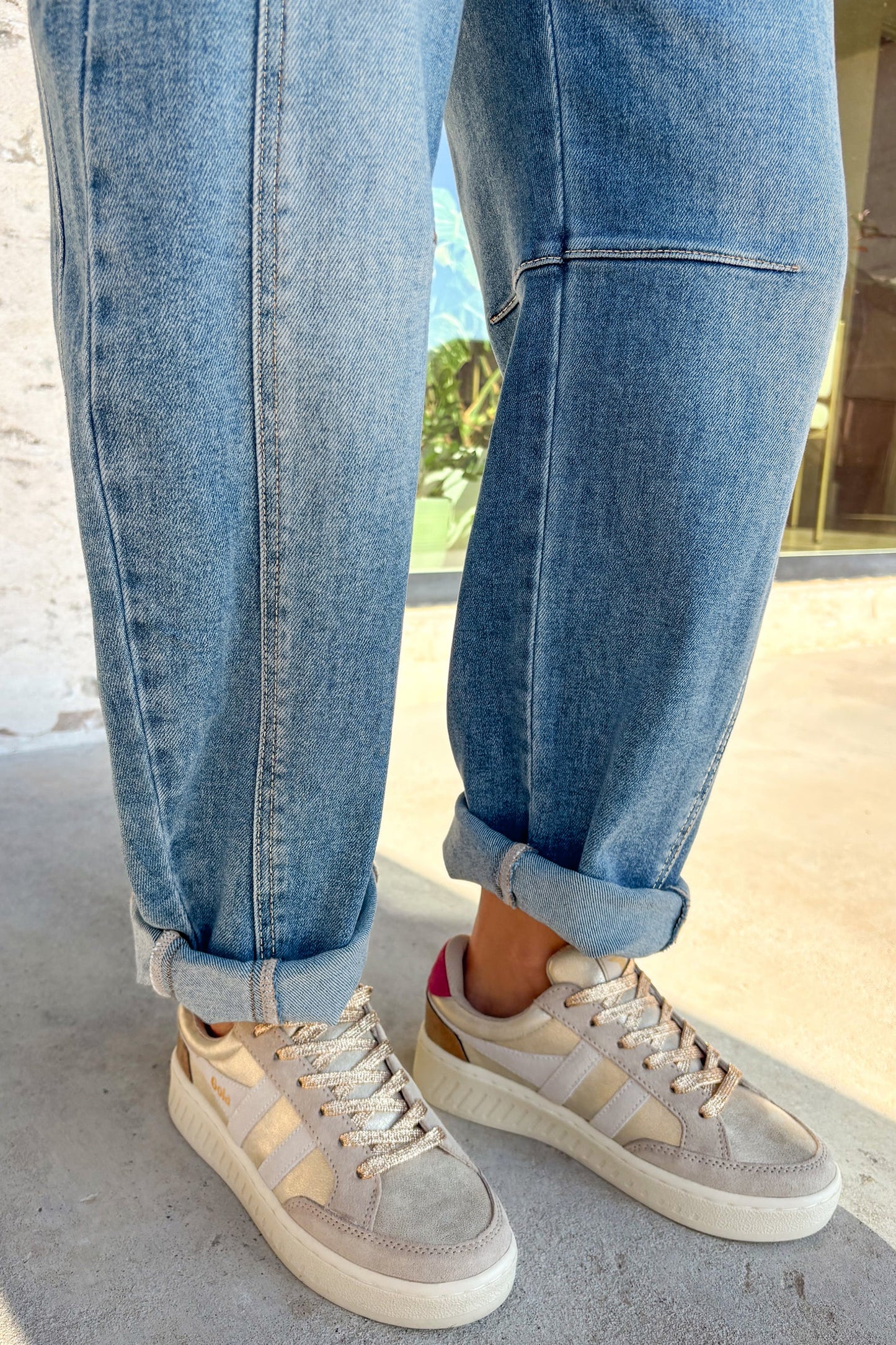 High Rise Seamed Cuffed Barrel Leg Jeans