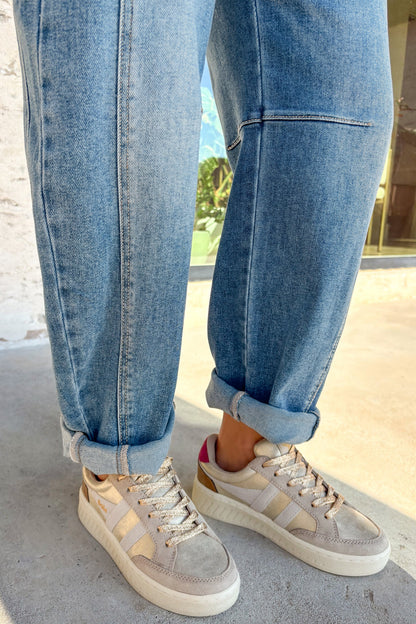 High Rise Seamed Cuffed Barrel Leg Jeans