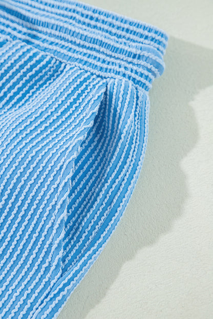 Blue Ribbed Knit Lounge Set Wide Leg Pants Outfit