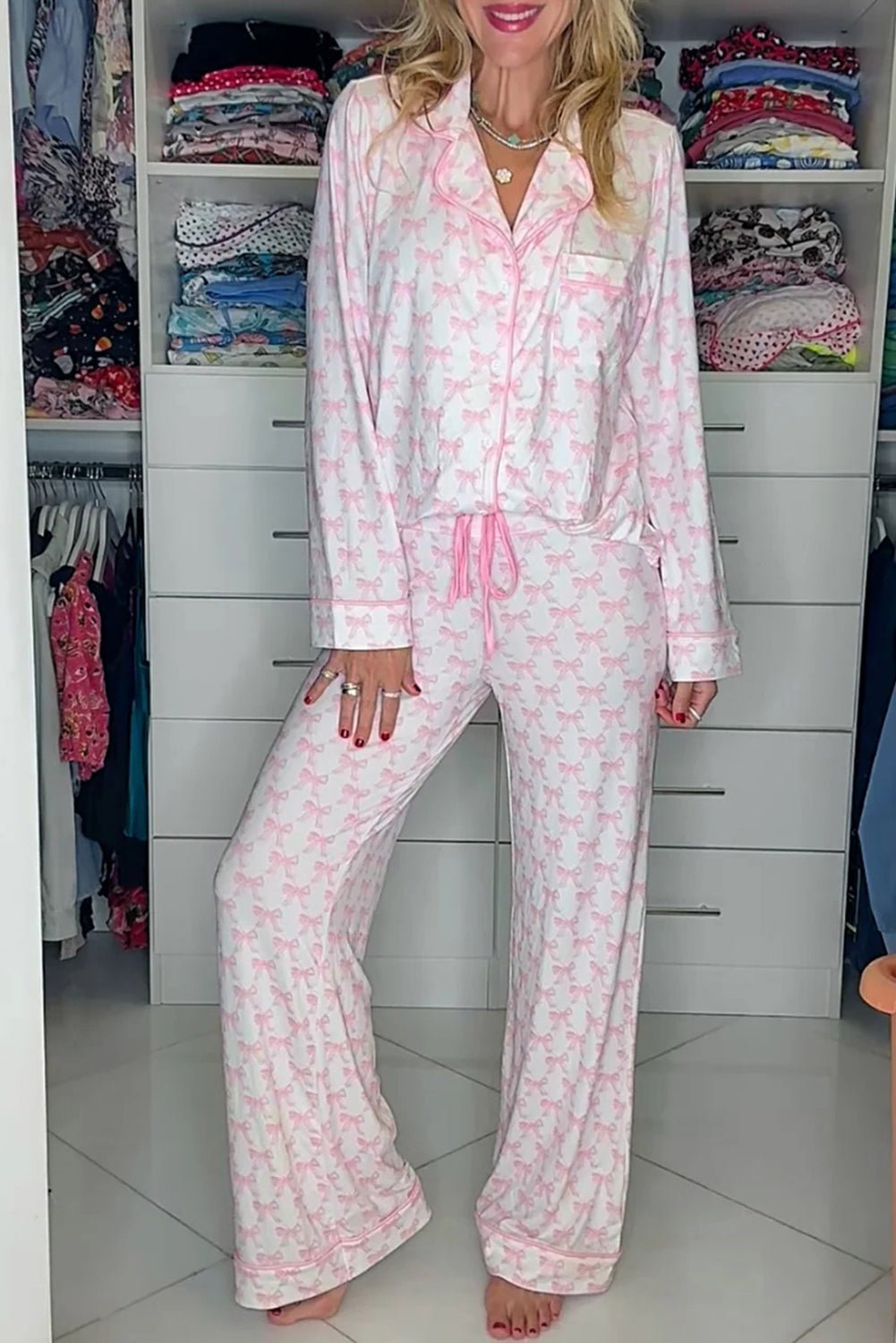 Soft Bow Print Long Sleeve Pajama Set with Pants