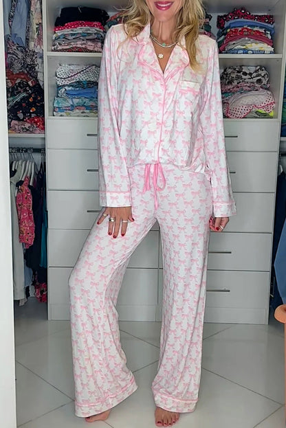 Soft Bow Print Long Sleeve Pajama Set with Pants