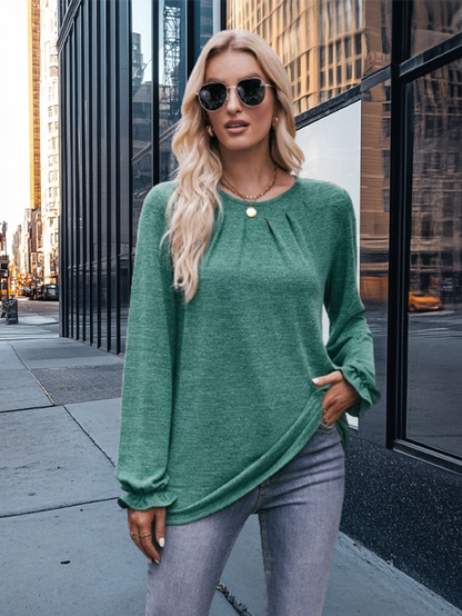 Pleated Crew Neck Long Sleeve T-Shirt with Polished Finish