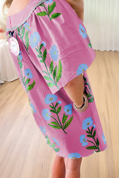 Easter Floral Split Neck Short Sleeve Mini Dress