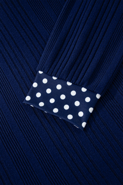 Polka Dot Trim V Neck Tie Ribbed Knit Top Women