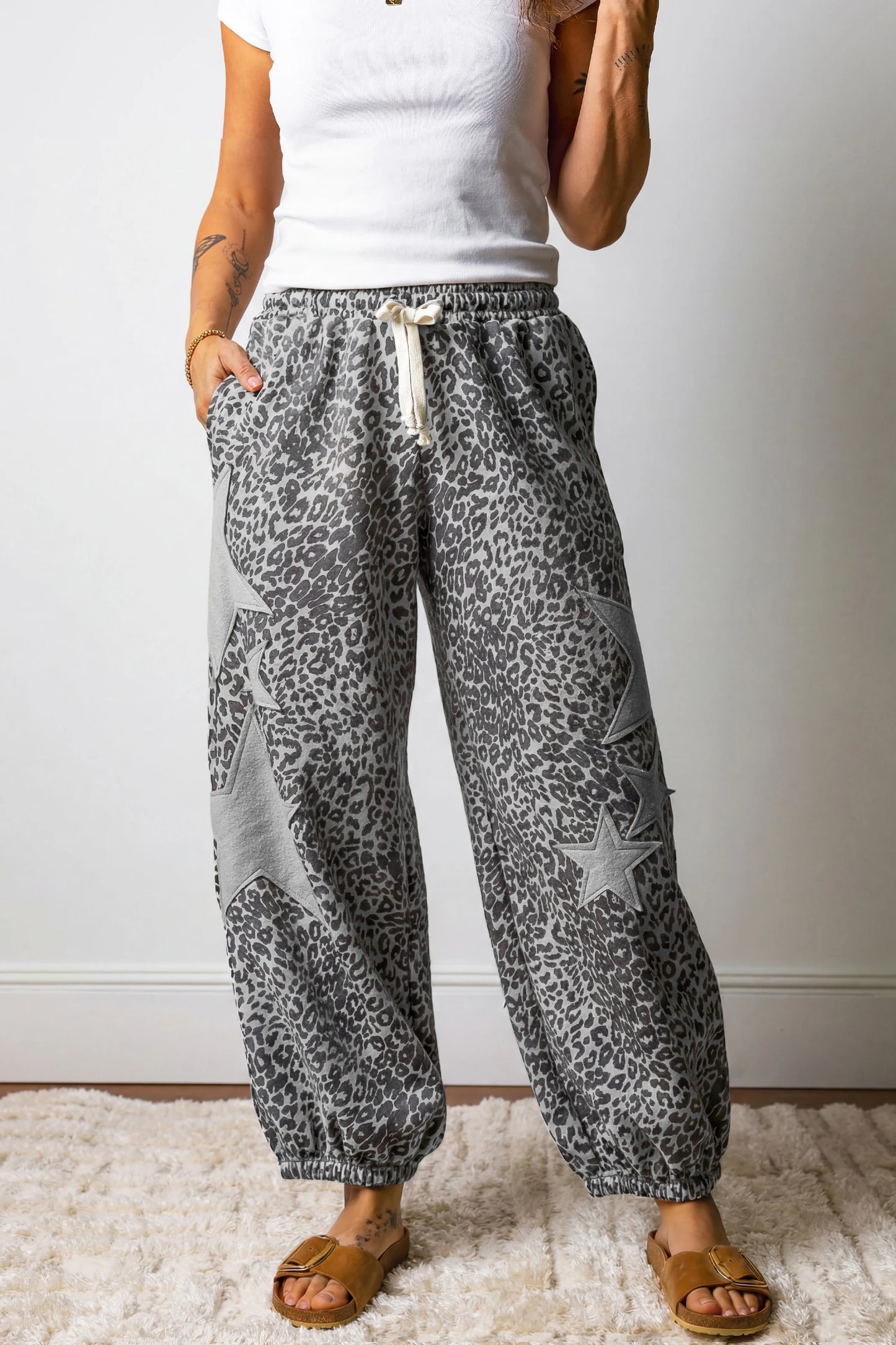 Leopard Star Patch Jogger Pants Drawstring Waist Loose