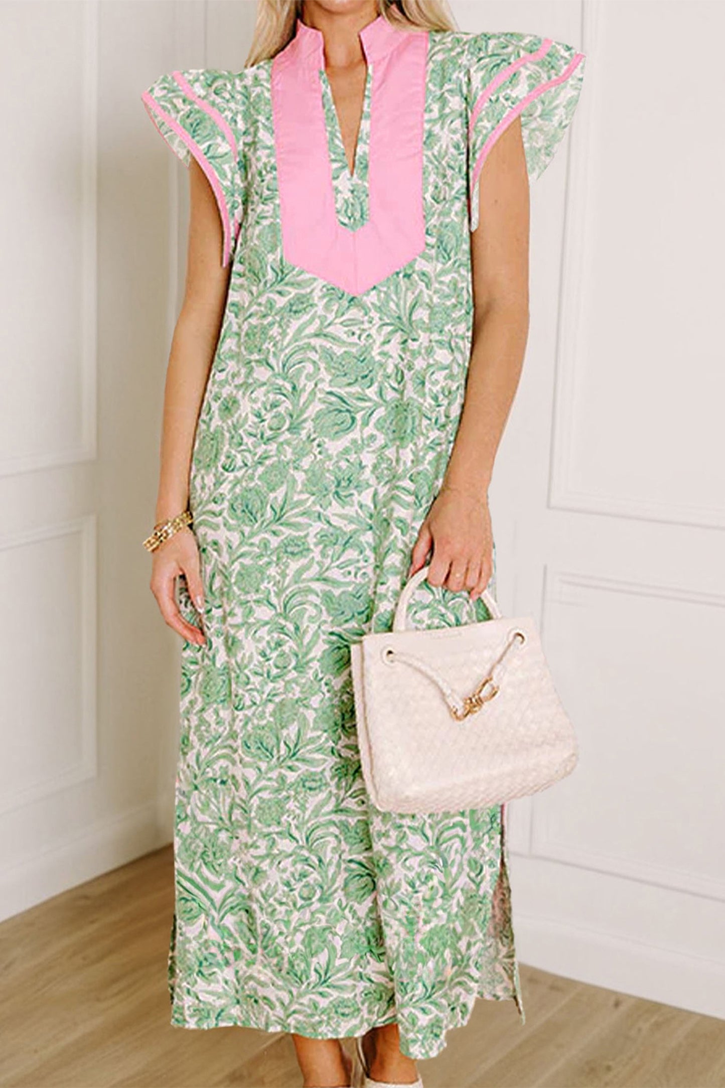 Floral Color Block V Neck Flutter Sleeve Midi Dress