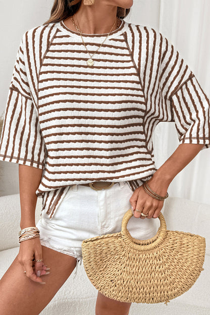 Apricot Stripe Textured Loose Fit Short Sleeve Top