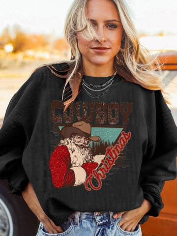 Cowboy Christmas Santa Ribbed Corduroy Oversized Sweatshirt