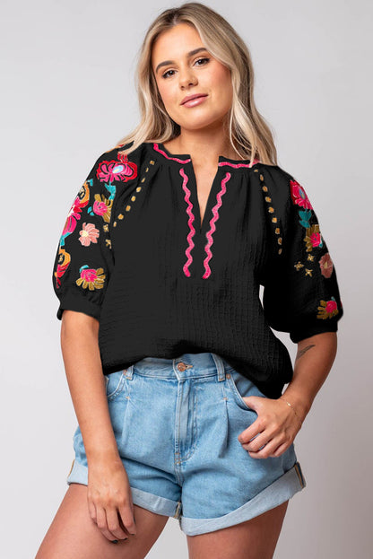 Floral Embroidered Ricrac Puff Sleeve Textured Blouse