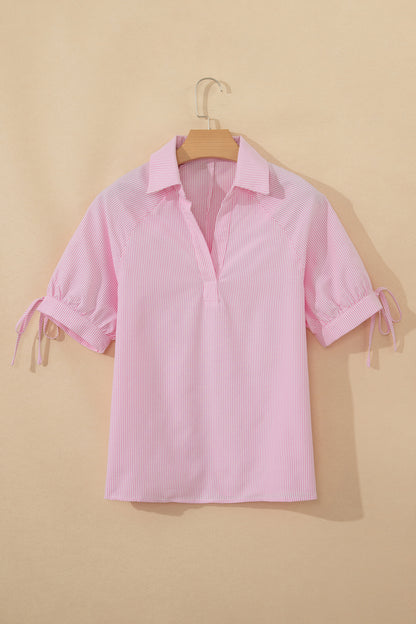 Striped V Neck Short Sleeve Casual Blouse Summer Top