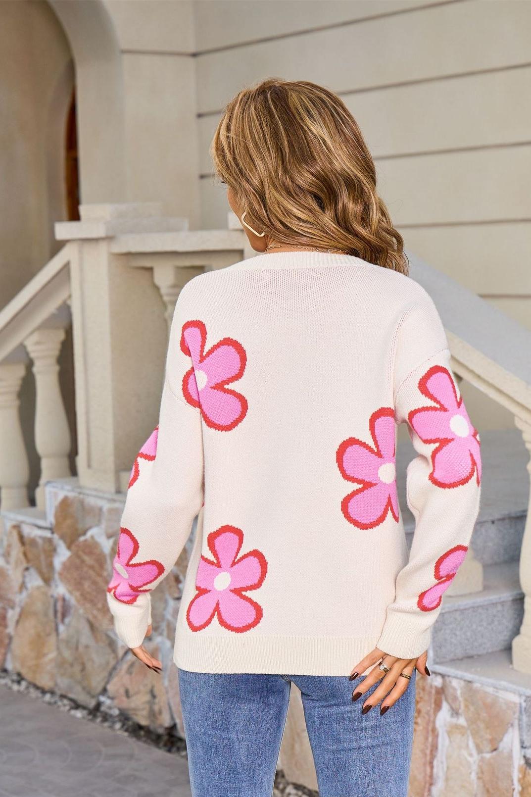 Retro Floral Print Knit Sweater – Colorblock Pullover Top