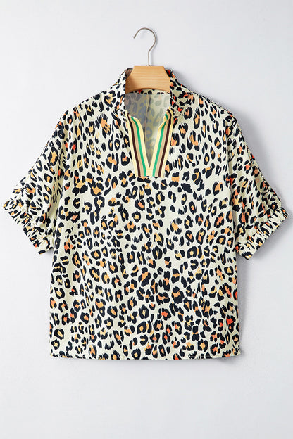 Khaki Leopard Color Block Stripe V Neck Loose Blouse